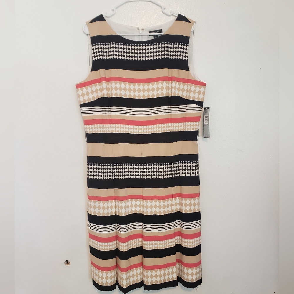NWT Tahari Geo Stripe Pleated Dress 16 Black Pink White Beige